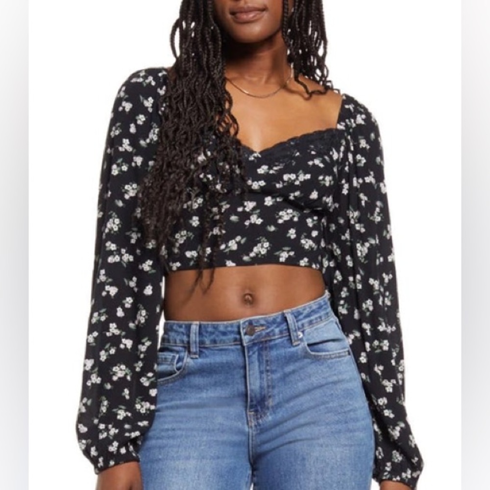 BP Black Floral Long Sleeve Crop Top